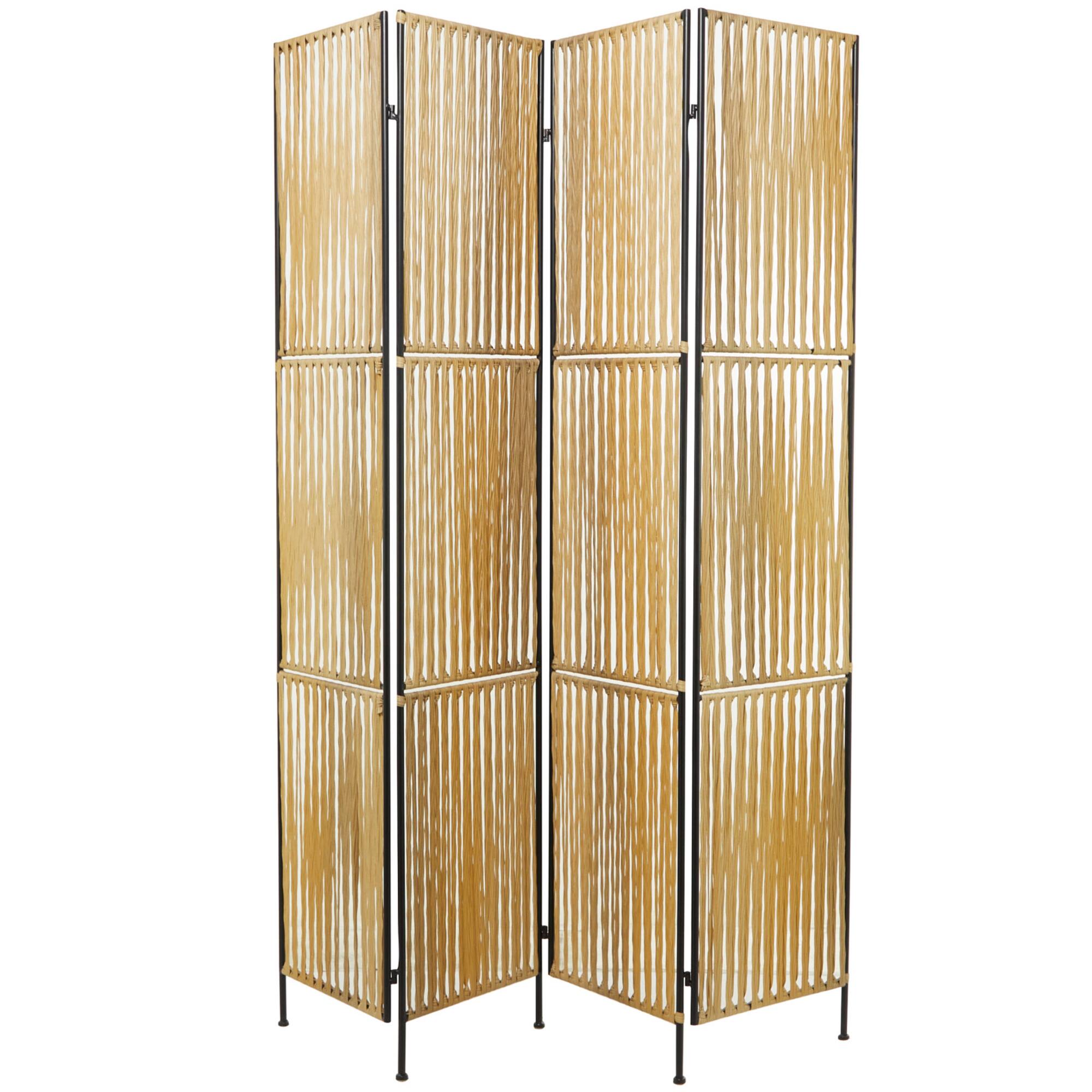 Light Brown Rattan Handmade Hinged Foldable Partition 4 Panel Room Divider Screen with Wrapped Seagrass Design 63" x 1" x 71"